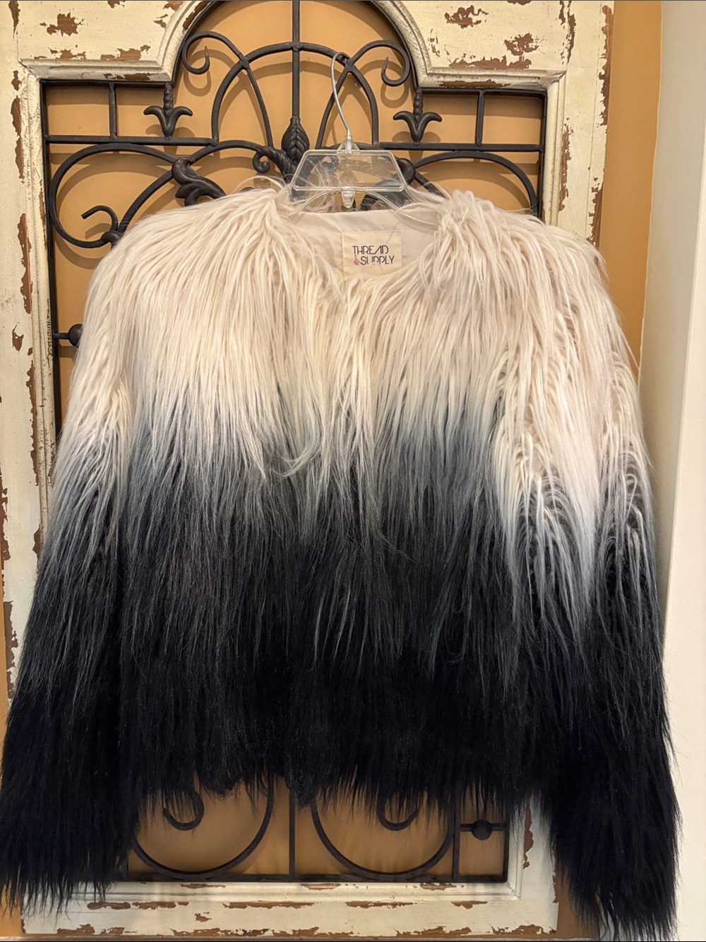 Thread & Supply Cream to Black Ombre Faux Fur Jacket